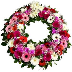 pink and white funeral wreath round funeral wreath flowers