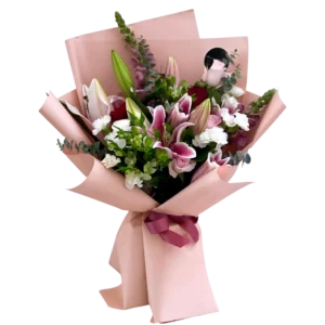 pink lillies and roses bouquet
