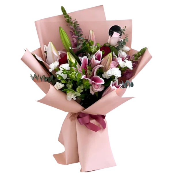 pink lillies and roses bouquet