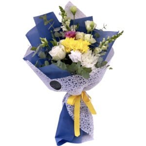 blue white and yellow flower bouquet