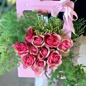 pink roses flower basket