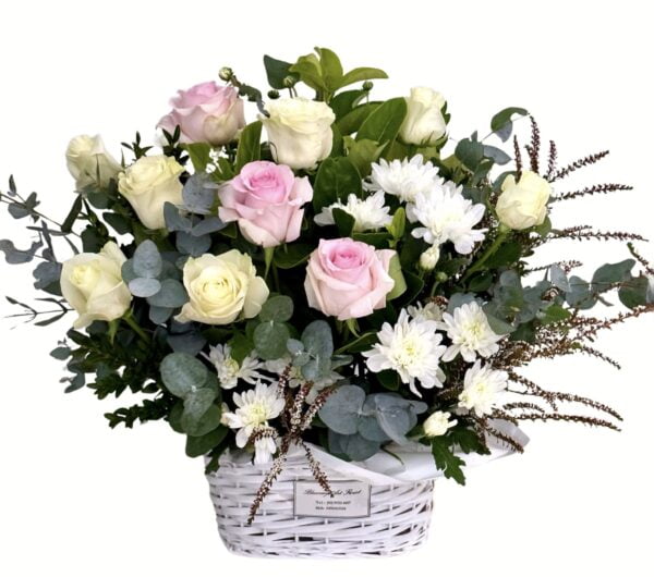 White and Pink Roses Basket