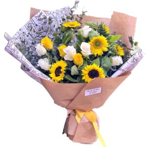 yellow sunflower and roses bouquet