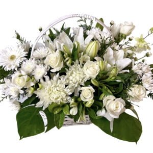 white flower basket