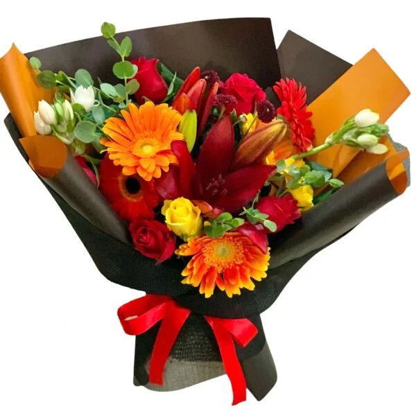 orange and red gerberas and roses bouquet