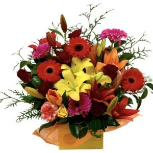 Red and Yellow Gerberas and Lilies Flower Box