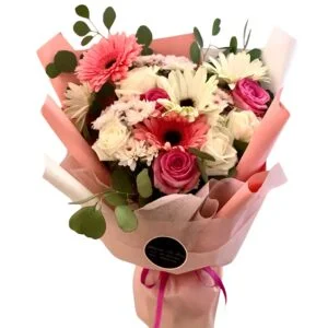 White and Pink Roses and Gerberas Bouquet