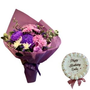 purple flowers bouquet and cake