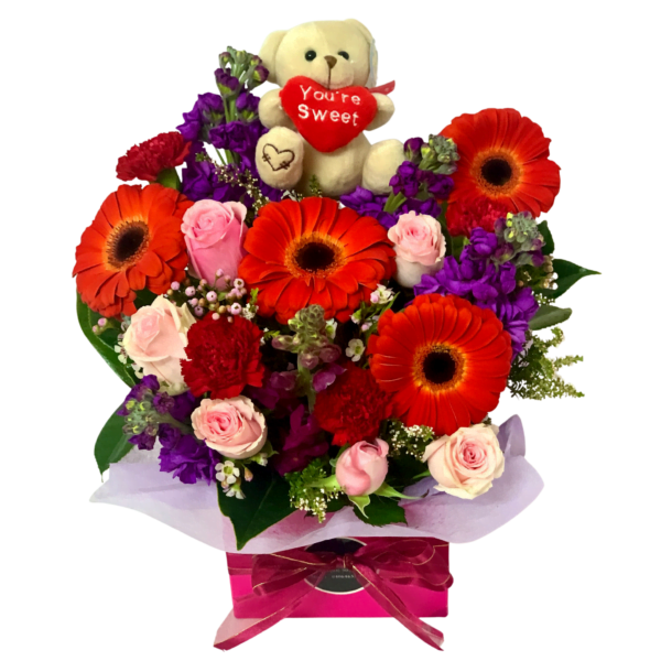 orange and red flower box with Teddy Bear