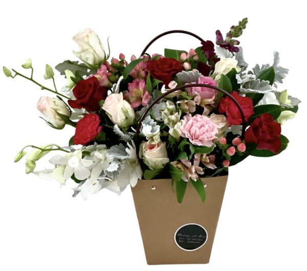 pink red and white flower basket