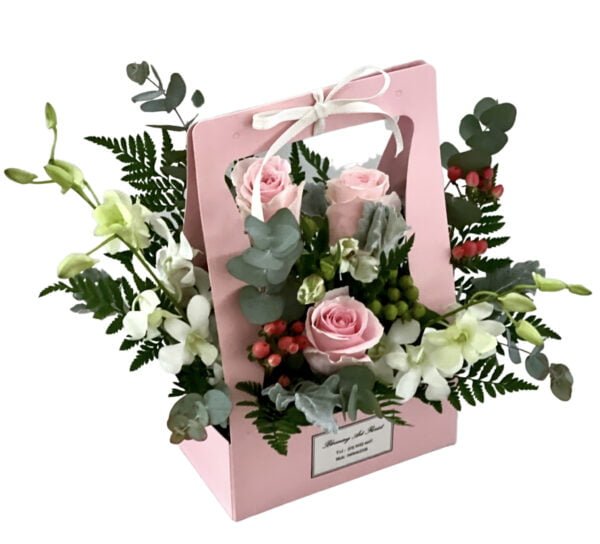 pink and white flower basket