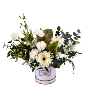White flower Arrangement in Hat Box