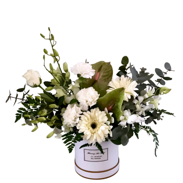 White flower Arrangement in Hat Box