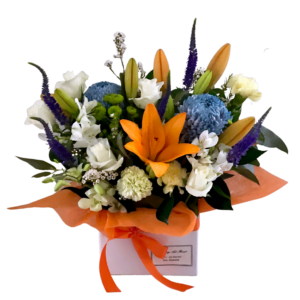 blue and orange flower arrangement