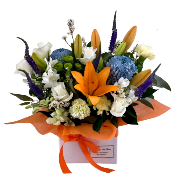 blue and orange flower arrangement
