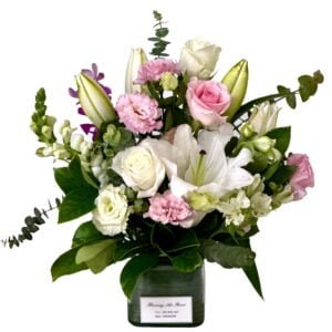 white lilies and pink roses arrangement