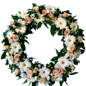 pink and white funeral wreath