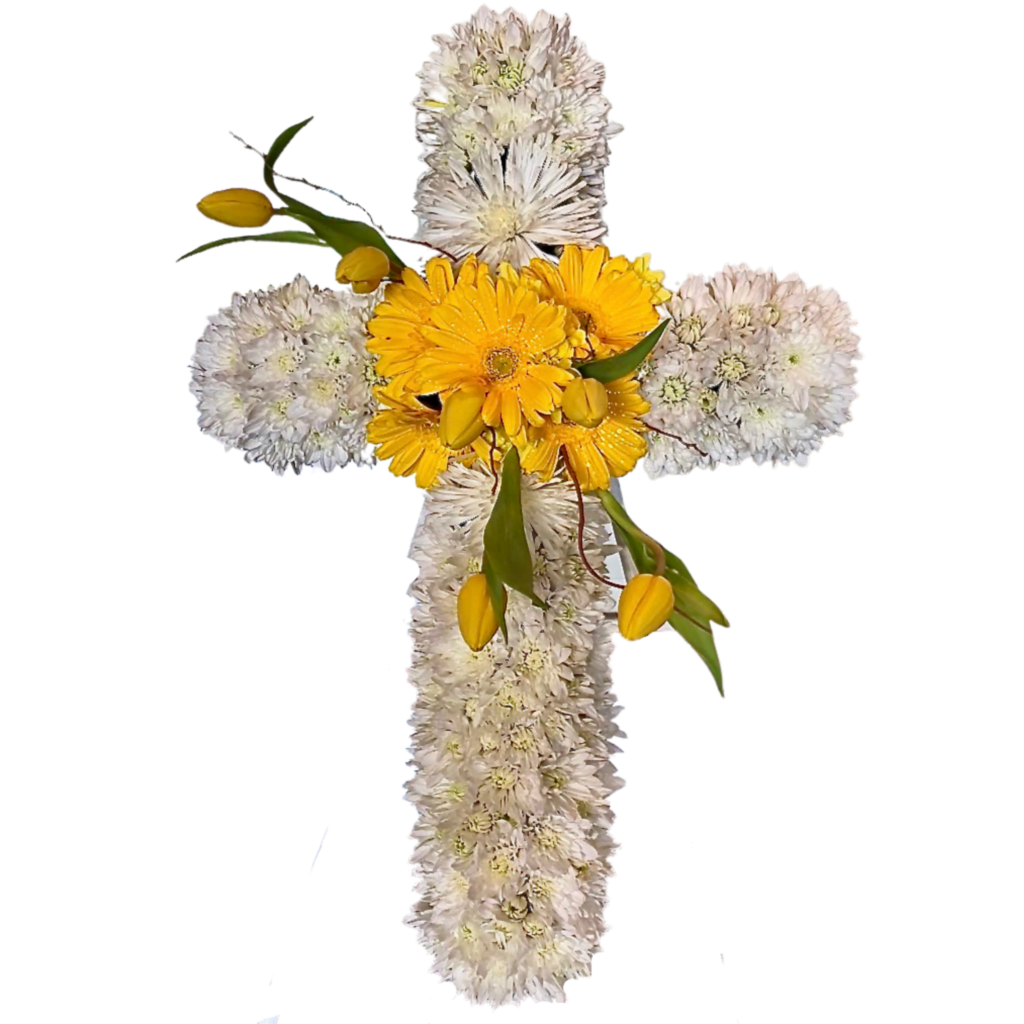 Beautiful Yellow White Funeral Cross FF-7202 - Blooming Art Florist