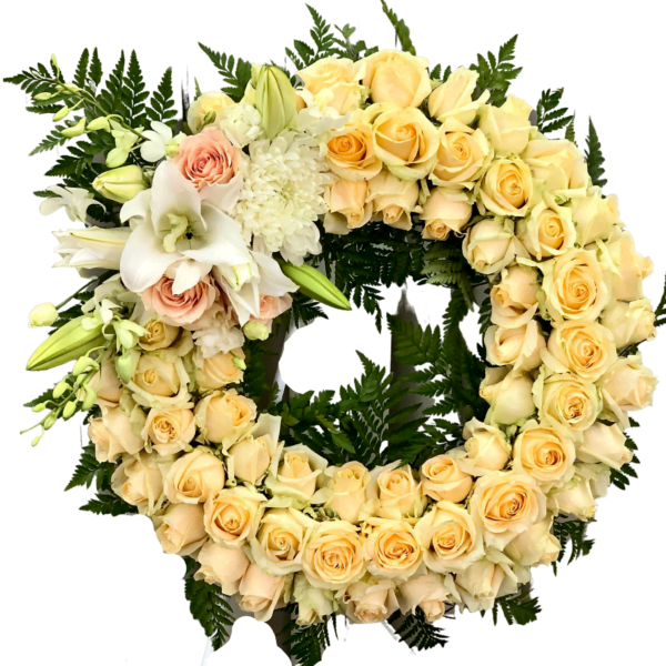 white rose funeral wreath