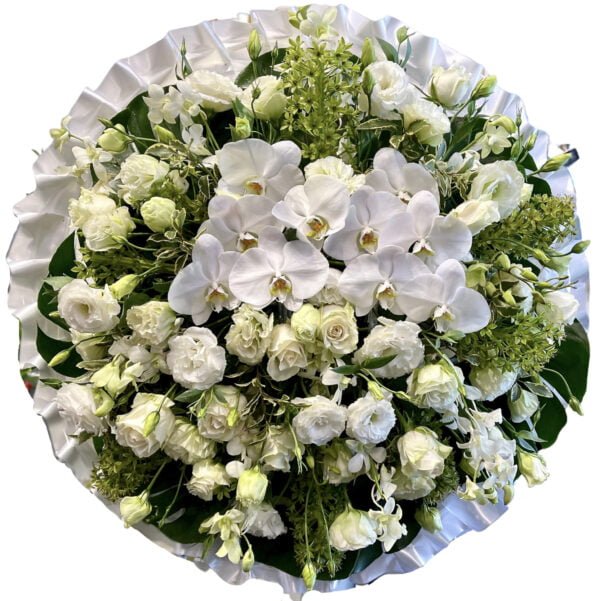 white orchid and rose funeral wreath