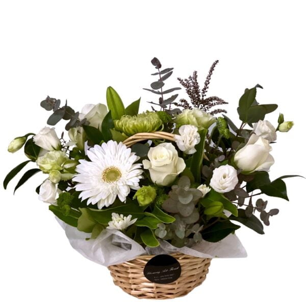 white flower basket