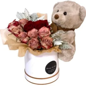 roses and teddy bear hat box