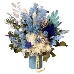 blue preserved flower arrangement